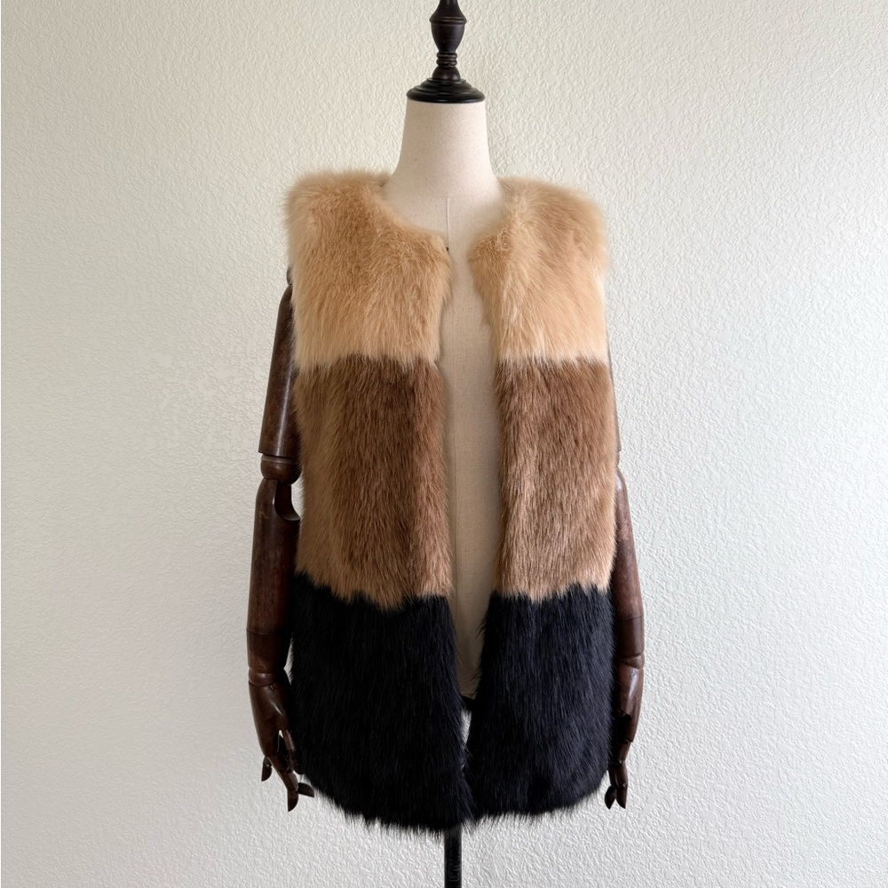Faux Fur Colorblock Vest - Black, Brown & Cream